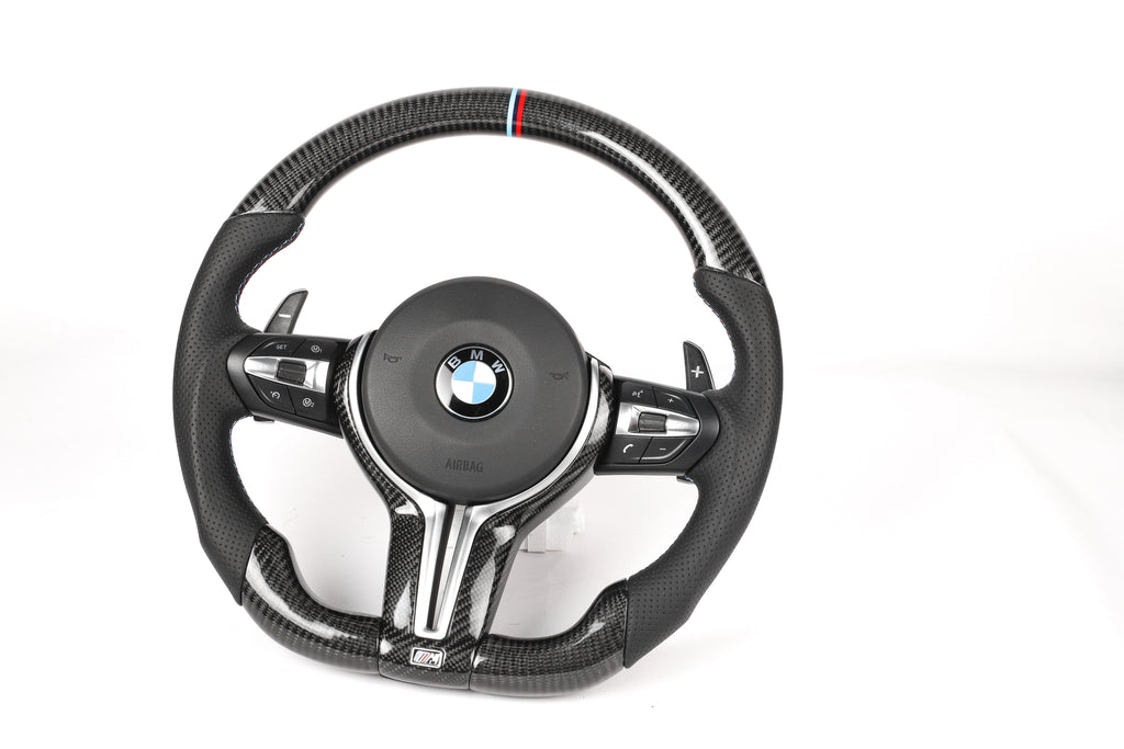 BMW F-Series Gloss Carbon Fiber Steering Wheel – M-Tri Color Stripe Edition