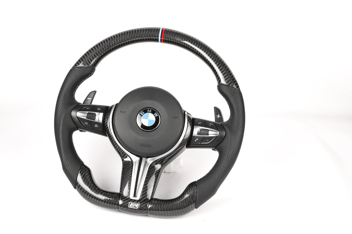 BMW F-Series Gloss Carbon Fiber Steering Wheel – M-Tri Color Stripe Edition