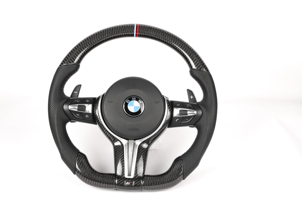 BMW F-Series Gloss Carbon Fiber Steering Wheel – M-Tri Color Stripe Edition