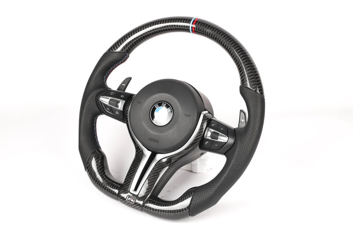 BMW F-Series Gloss Carbon Fiber Steering Wheel – M-Tri Color Stripe Edition