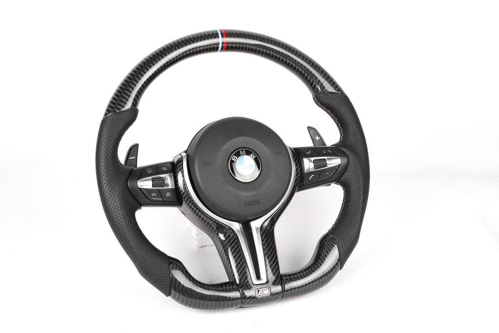 BMW F-Series Gloss Carbon Fiber Steering Wheel – M-Tri Color Stripe Edition