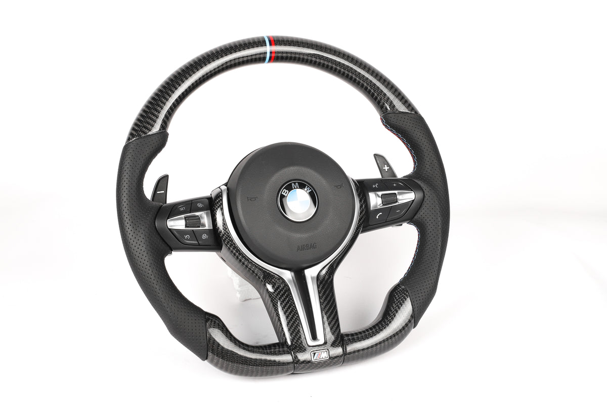 BMW F-Series Gloss Carbon Fiber Steering Wheel – M-Tri Color Stripe Edition