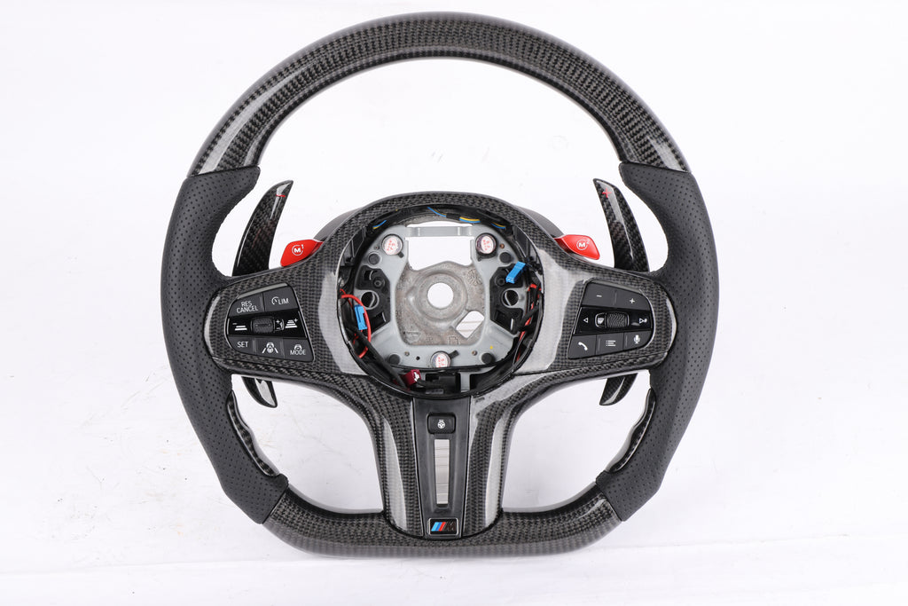 BMW G-Series Custom Gloss Carbon Fiber & Perforated Leather Steering Wheel (Red M1/M2 Buttons)