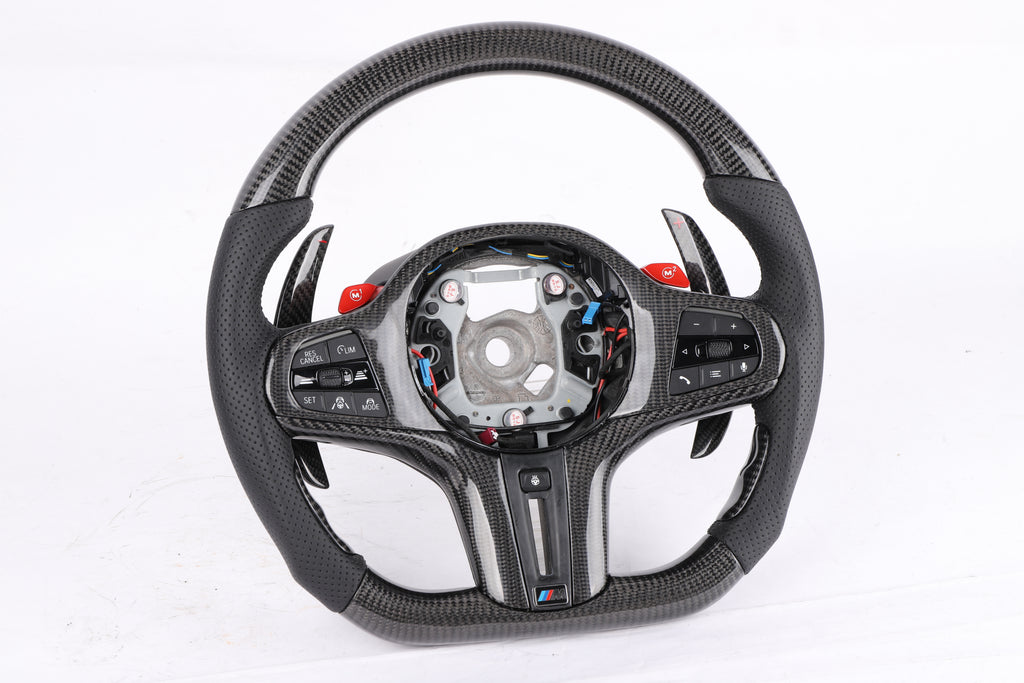 BMW G-Series Custom Gloss Carbon Fiber & Perforated Leather Steering Wheel (Red M1/M2 Buttons)
