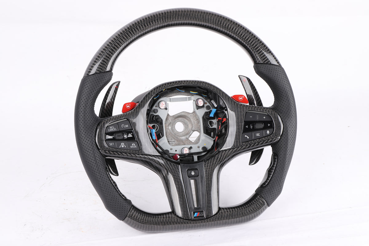 BMW G-Series Custom Gloss Carbon Fiber & Perforated Leather Steering Wheel (Red M1/M2 Buttons)