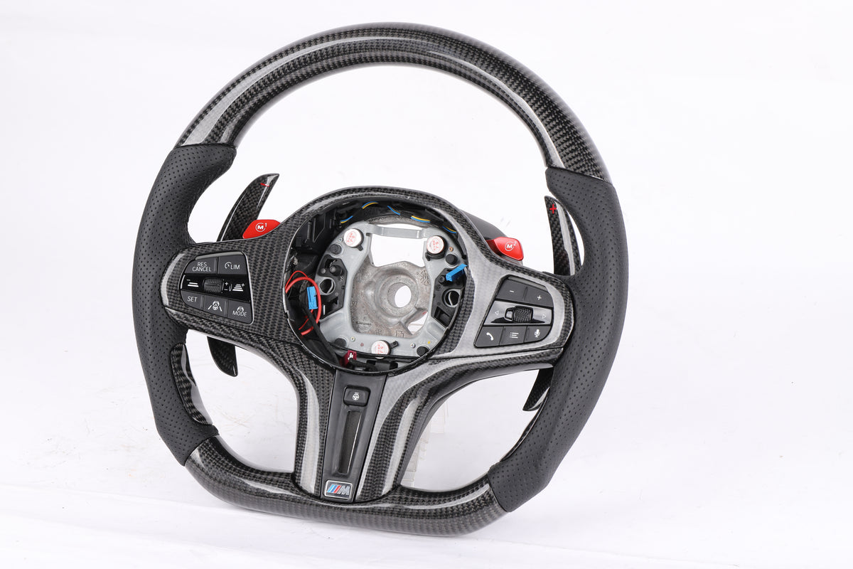 BMW G-Series Custom Gloss Carbon Fiber & Perforated Leather Steering Wheel (Red M1/M2 Buttons)