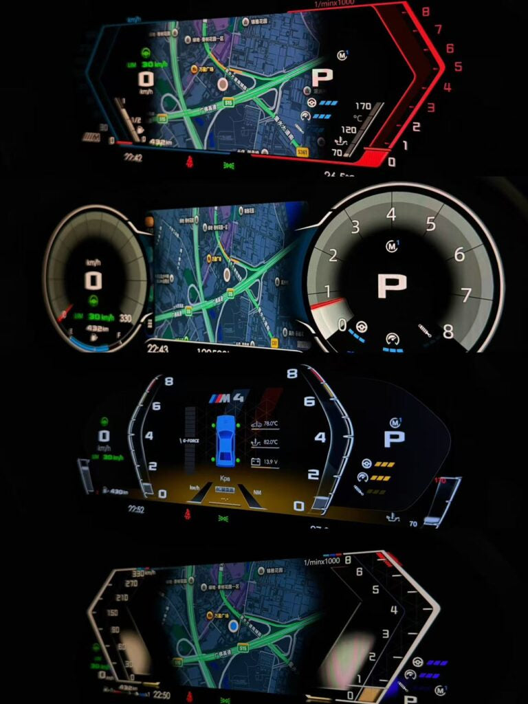 BMW F-Series digital cluster — four widescreen instrument display styles
